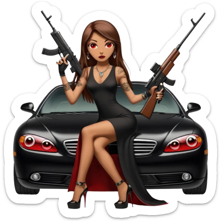 Lilith tan skin female red eyes symbol. Tattoo arms. Her hair is brown straight long hair.wearing sexy long sexy Chanel dress with slit. black stiletto thick platform high heels shoes on. Sitting on giant luxury car with cash inside . She is holding a sniper rifle in one hand cash in other hand sticker