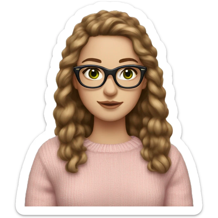 White girl long brown hair and green eyes wearing leopard glasses, soft pink wool jumper sticker