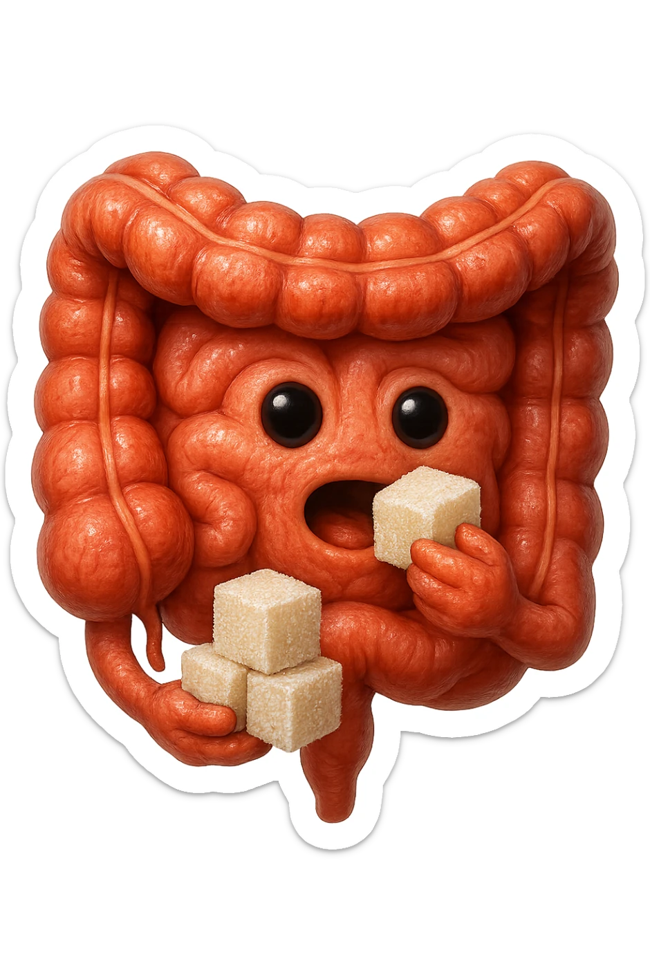 emoji stile iphone di un intestino anatomico che mangia zollette di zucchero, iperrealistico 4k, isolato su sfondo bianco sticker