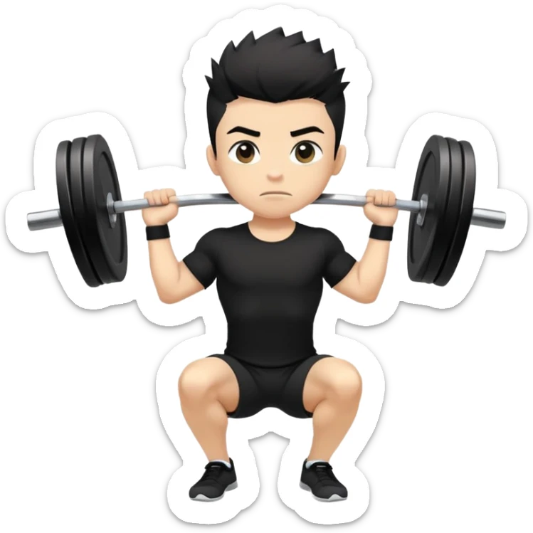 A boy with wheat color skin, black color front spike hair and wearing a black shirt is doing an overhead squat with a lot of weight on the barbell sticker