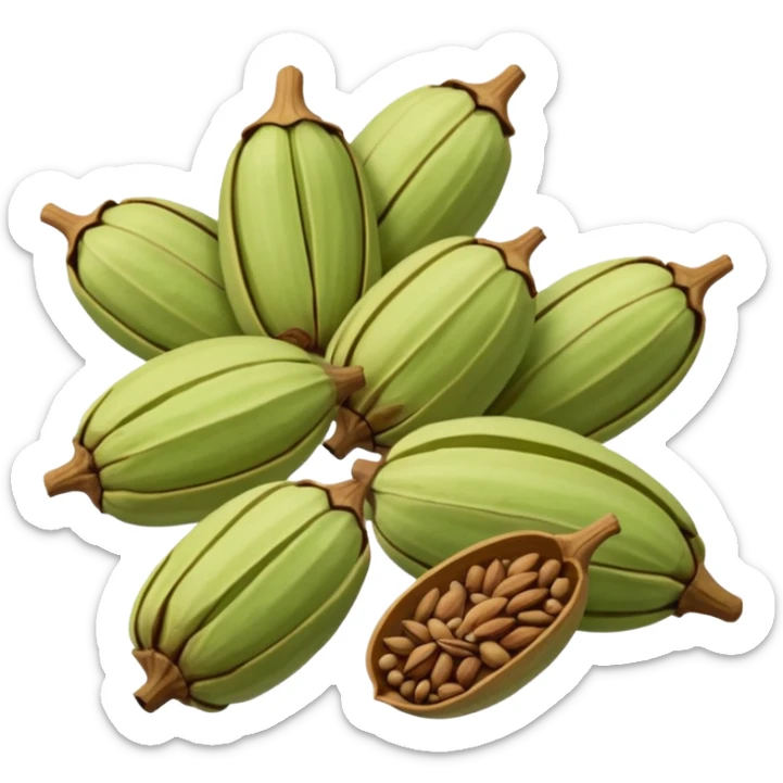 small scatter of whole cardamom pods, oval ridged shape, pale green to light brown hues, slightly wrinkled dry surface, visible seams and pointed ends, aromatic spice seeds inside, apple emoji style, soft lighting, subtle shadows, transparent background, emoji scale sticker