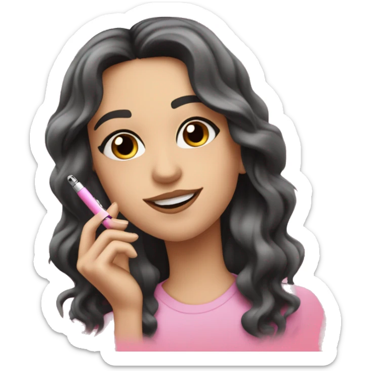 Caucasian girl with long wavy black hair and brown eyes smoking a pink vape pen with hearts on it sticker