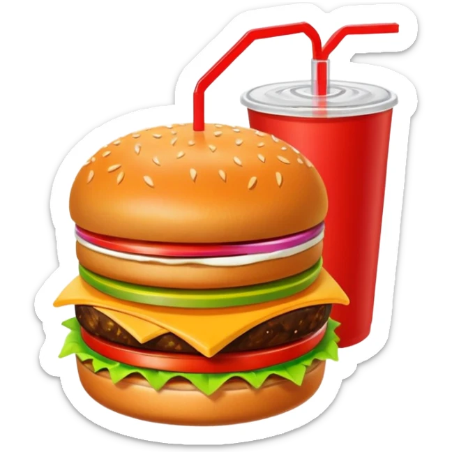 A clean and simple icon of fast food in emoji-style illustration. A burger with fries and a soda cup, bright and bold colors, simple shapes, flat design, high contrast, inviting and appetizing. sticker