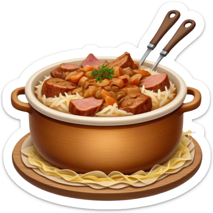Cinematic Realistic Bigos Dish Emoji, showcasing a hearty stew of sauerkraut and meats rendered with rich textures and dynamic, rustic lighting. sticker
