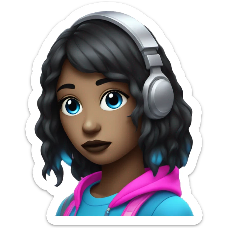 Girl, dark hair, neon pink blue, music, cry, emoji, cartoon, futuristic  sticker