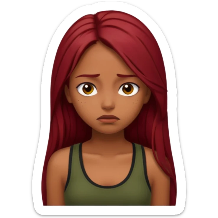 a brown girl with straight long dark red hair, black tank top, . Looking sad sticker