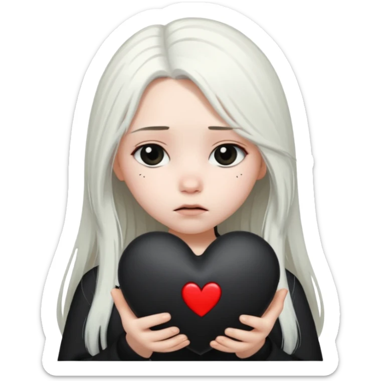 A girl with long white hair is sad and holds a black heart in her hands sticker