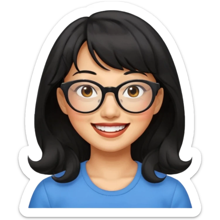 40 yr old asian woman wavy black hair bangs big glasses big smile tanned skin brown eyes sticker