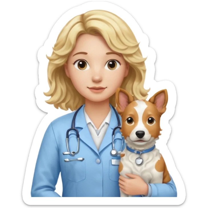 Joven mujer, de cabello bajo los hombros rubio con ondas, veterinaria de perros, vacas y caballos, con traje clínico celeste, sin delantal sticker