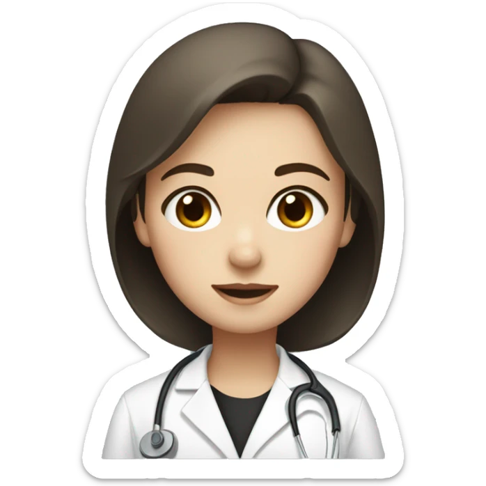 A girl with short brown hair and eyes, white skin, wearing a black scrub with a lab coat  sticker