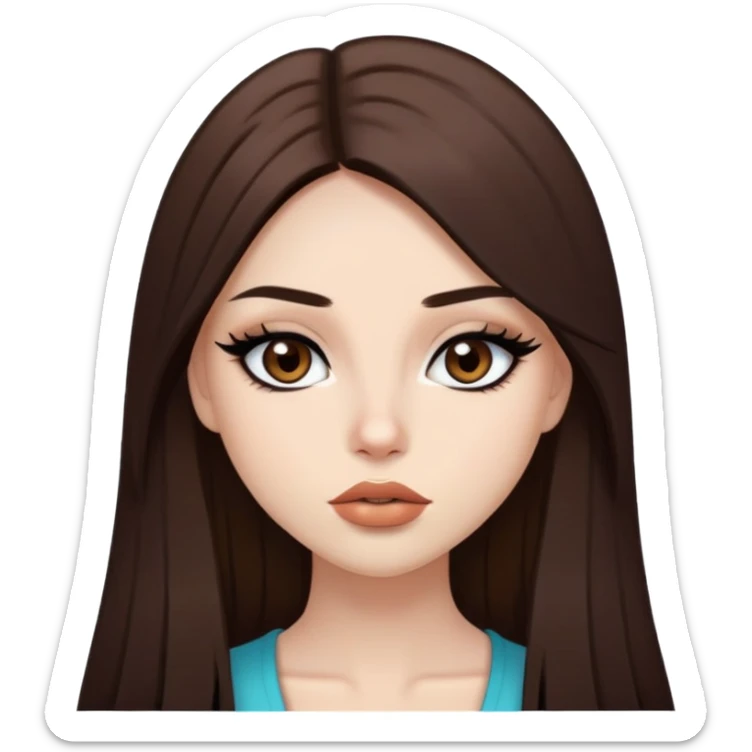 pretty baddie, brown straight hair, cute lips, pale skin, long hair, dark brown eyes, bold black eyeliner sticker