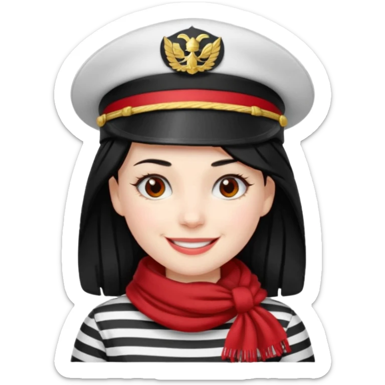 marinera de pelo negro piel blanca con camisa a rayas blanco y negro y pañuelo rojo y gorra de capitana y sonrisa de Duchenne sticker