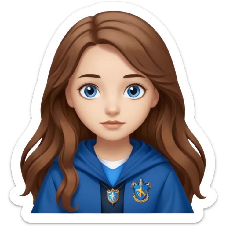gorgeous Girl with light skin, blue eyes, long brown hair, wears a ravenclaw outfit sticker