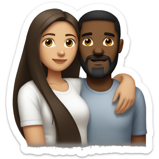 light skin woman with very long straight brown hair hugging black man with very short dark hair and a long dark beard wearing a white tshirt sticker