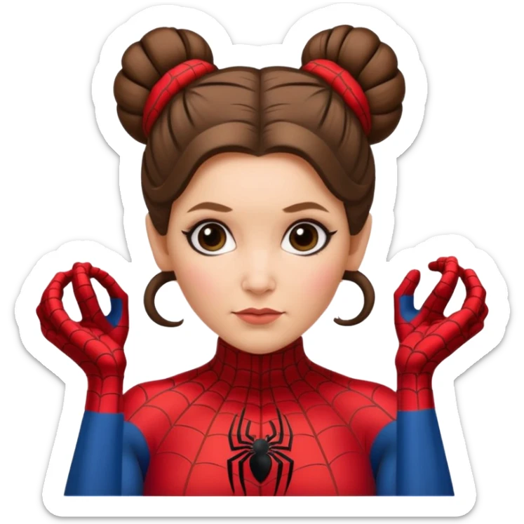 Princess Leia with iconic hair buns wearing a Spiderman suit, emoji style sticker