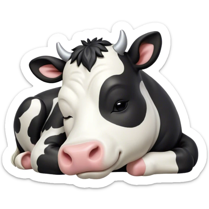Meme-Worthy Cute Sleeping Black and White Cow Portrait Emoji, Head resting peacefully with a contented smile, showcasing a robust build and a luxuriously soft contrasting coat of black and white, eyes shut in a serene, restful nap, Simplified yet hilariously adorable features, highly detailed, glowing with a soft, drowsy light, high shine, relaxed and utterly lovable, stylized with an air of playful laziness, bright and heartwarming, soft glowing outline, capturing the essence of a comically sleepy cow, so meme-worthy it feels like it could instantly become the next viral sensation of adorable slumber! sticker