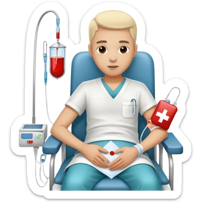 person sitting in a hospital chair receiving a blood transfusion, blood bag connected to their arm, calm expression sticker