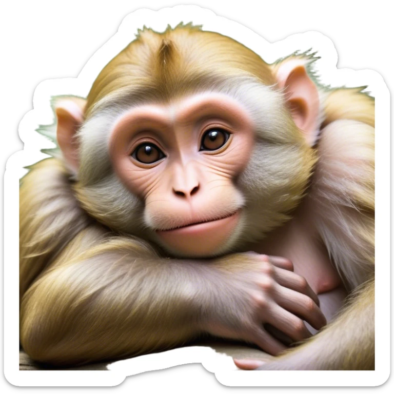 Beautiful and Majestic Cheeky Macaque Portrait Emoji, Head resting in a relaxed, contented smirk with eyes half-closed in a dreamy, playful slumber, showcasing soft, gently ruffled fur and a compact, agile build, Simplified yet exquisitely endearing features, highly detailed, glowing with a soft, radiant light, high shine, serene yet mischievous, stylized with an air of refined playful charm, soft glowing outline, capturing the essence of a beautiful and majestic macaque that embodies both cheeky humor and gentle elegance! sticker