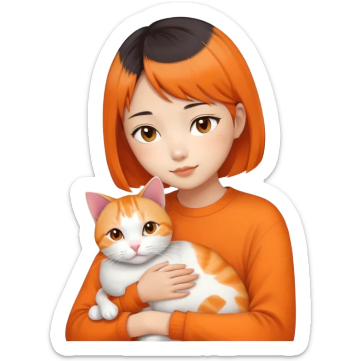 Oriental Asian girl with short bob haircut snuggling with an orange and white cat, cat is mostly white with orange patches, the girl is holding the cat lovingly sticker