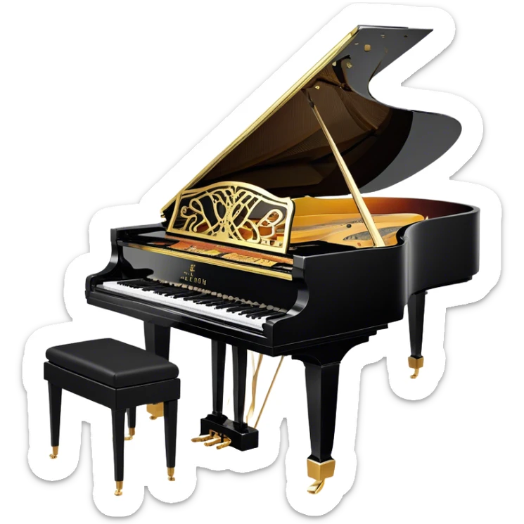 Create an elegant and detailed emoji representing the Seiler 278 Konzert grand piano. The design should feature the grand piano's polished black body with shiny, reflective surfaces, capturing its high-quality craftsmanship. The black and white keys should be clearly visible, with the curved shape of the grand piano’s body and lid, which can be slightly open. Add visible details like the pedal system, the intricate wood finish on the frame, and the elegant legs of the piano. The musical notes should float around the piano, evoking the sound of a professional concert instrument. Use deep black, white, and gold tones to highlight its luxurious appearance. The background should be transparent. sticker