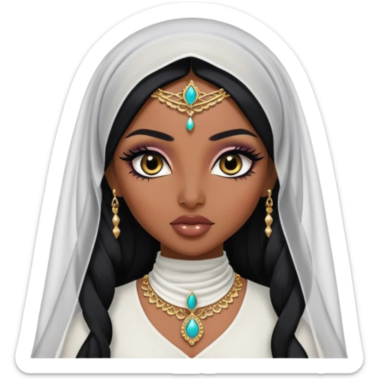 arabian nose, pretty lips, arabian clothes, veil, dark skin,  long black hair, pretty bratz baddie, black eyeliner sticker