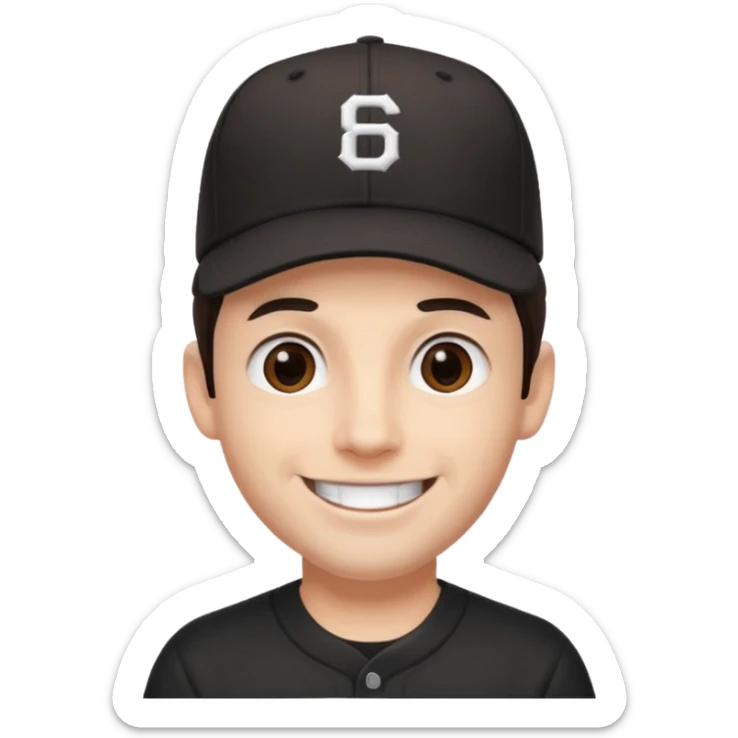 male, dark brown hair, dark brown eyes, fair skin, black baseball hat, no teeth sticker