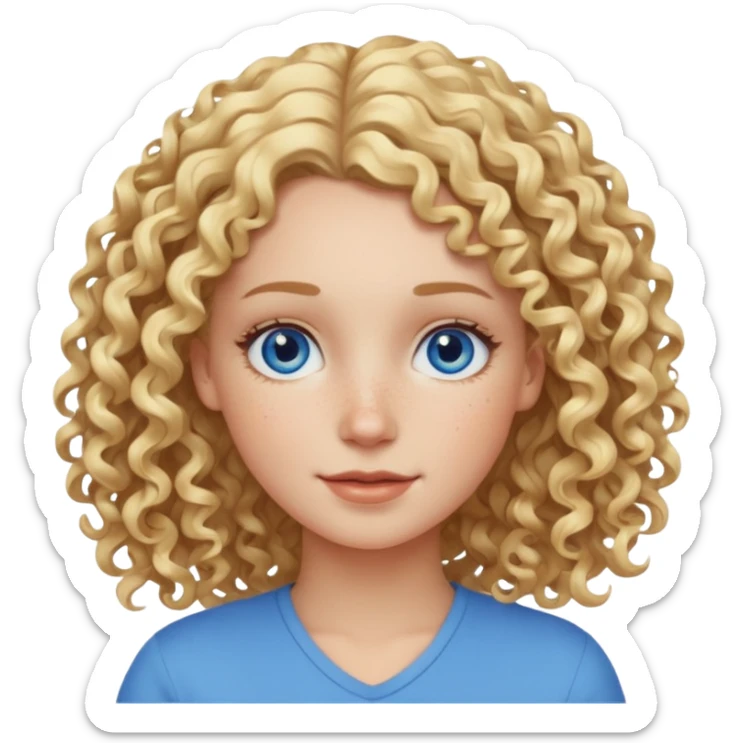 Friendly looking white girl with curly, blonde hair, blue eyes, and freckles. sticker