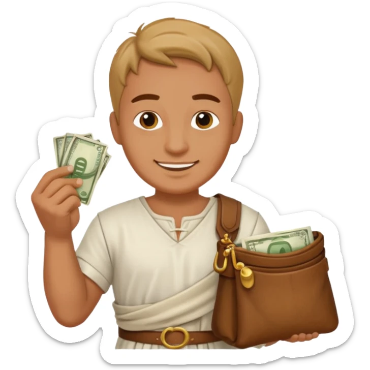 Emoji portrait of a Roman merchant. Loose-fitting clothes, holding a money pouch, cheerful expression. sticker