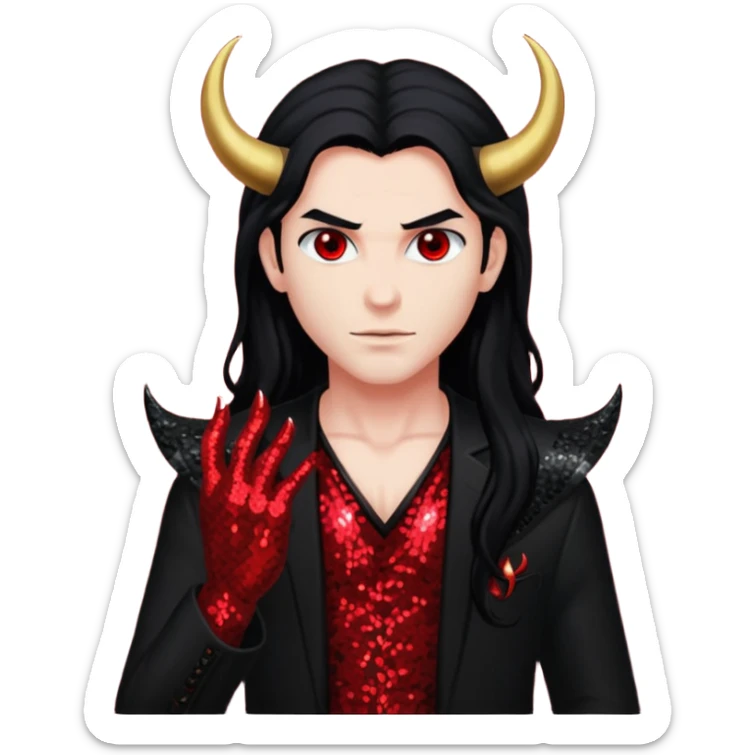 Lucifer from The Bible with red skin, long black hair, black sequin outfit sticker