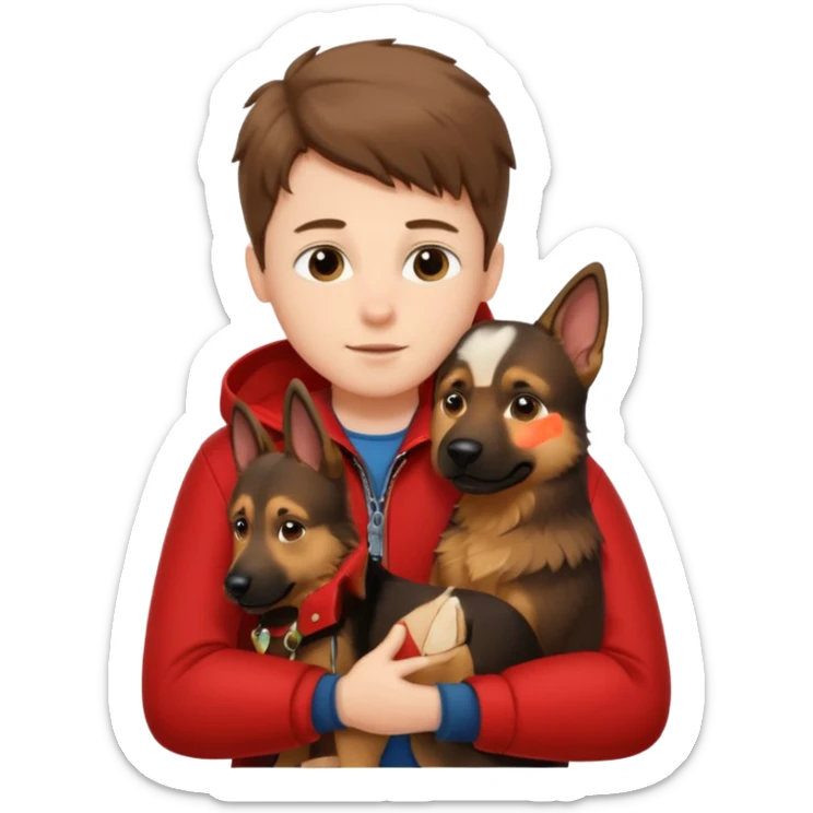 Garoto fofo de pele branca e cabelo castanho comprido usando uma jaqueta vermelha abraçando um cachorro pastor alemão  sticker