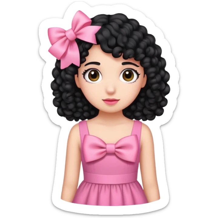 nomal skin,curly black hair,pink bow clip and pink dress sticker