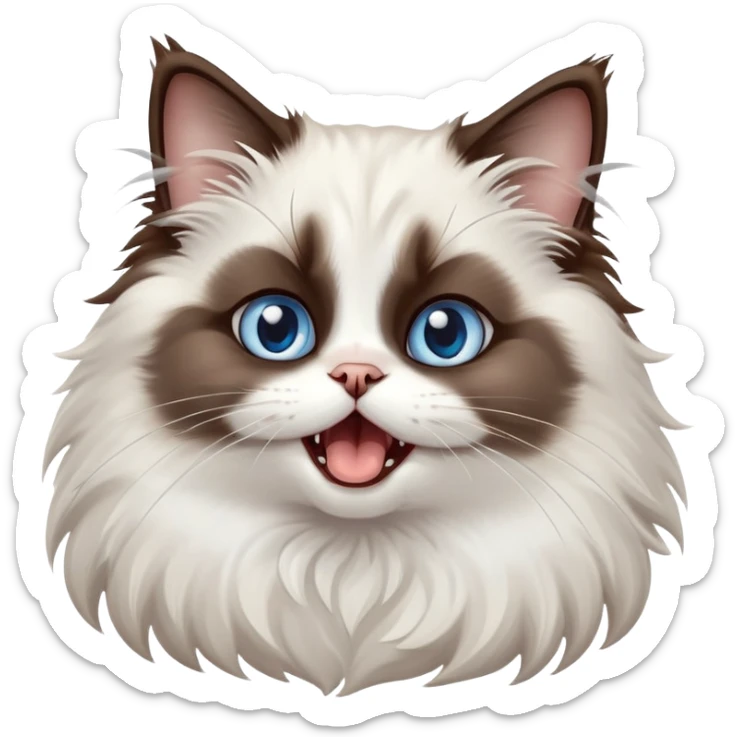 cinematic-adorable-big-eyed-fluffy-dark brown and white ragdoll-cat-portrait-emoji,-head-tilted-playfully-with-a-cute,-yawn,-soft-brown-and white-colored-fur-with-darker-points-on-the-ears,-simplified-yet-irresistibly-cute-features, sparkling blue eyes sticker