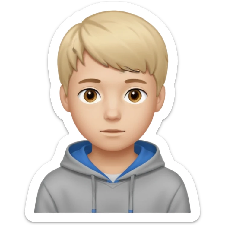 Teen boy with blue eyes mixed with a little Brown eyes and a Grey hoodie who stands up with blond short hair and short bangs sticker