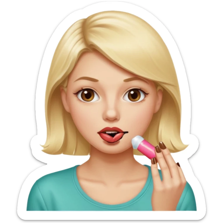 👁️🫦👁️💁🏼‍♀️ aguicheuse. elle se mord le coin de la lèvres. Elle est blonde. Ongles vernis marrons. Elle mâche un chewing-gum  sticker