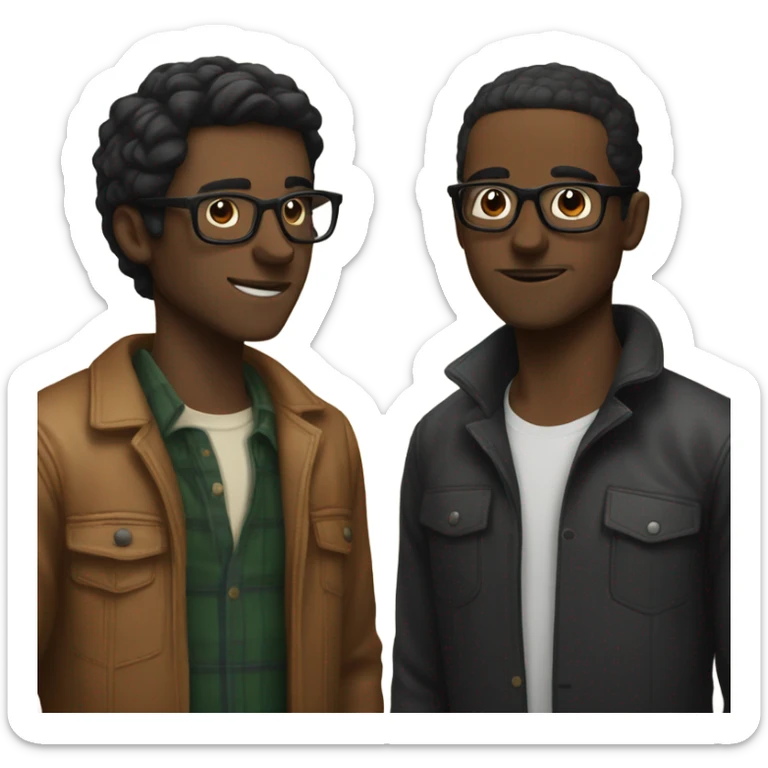 Two men kissing, one white with black hair, one brown with hlasses sticker