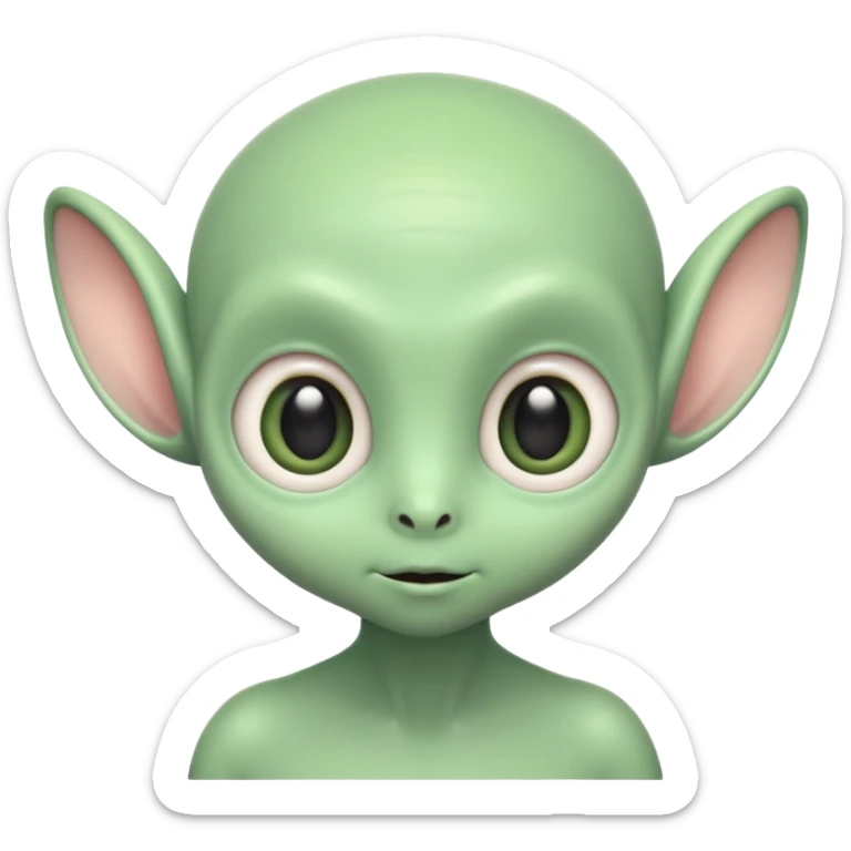 ortrait of a cute alien with round head, big shiny eyes, pastel green skin, small antennae, friendly expression, cartoon style sticker