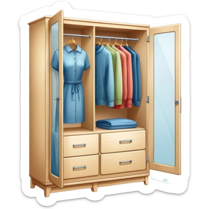 Icon for Furniture Design: a semi-transparent sketch of a wardrobe with a 3D model, pencil strokes, and development metrics. Without dress. The icon should represent the process of creating and refining furniture design. Transparent background. sticker