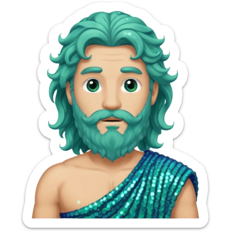 Poseidon  from Greek Gods with long blue wavy hair and short beard, sea green sequin toga sticker