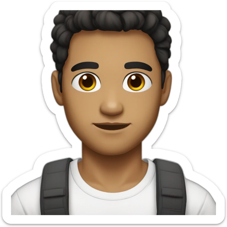 a young man, white skin, shorter black-brown hair and dark brown eyes wearing a white t-shirt sticker