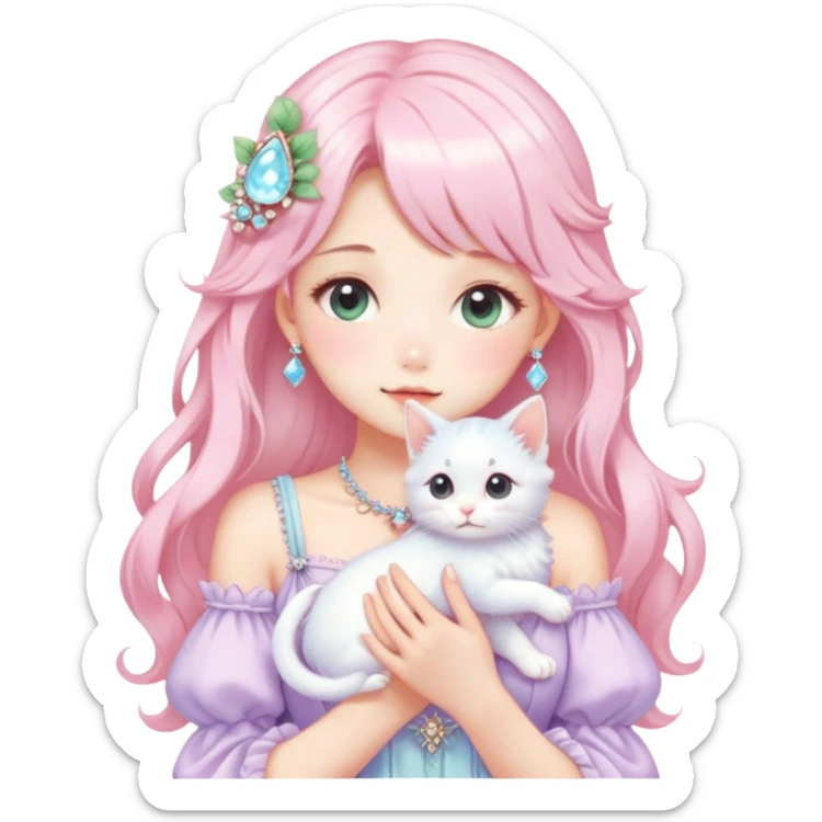  dreamy-pretty-elegant-kawaii-shiny-blushing-shy-pastel-lady-kawaii-beautiful-hair-naturecore-fairycore-cottagecore-jewels-trending-aesthetic -kitten sticker