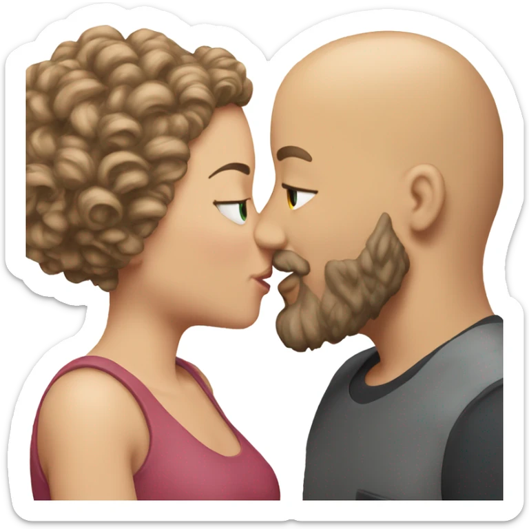 bald bearded guy kiss-kiss curly brown hair white girl sticker