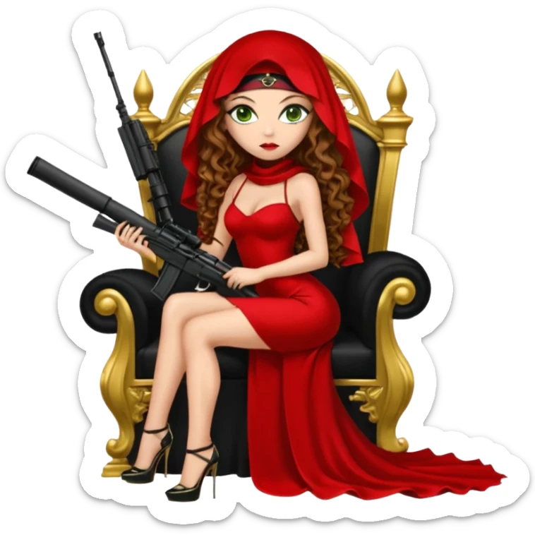 Drug dealer female green eyes symbol.  hair is brown curly long hair. sexy long with long red and black dress and face veion that covers her mouth only. black stiletto platform high heels shoes on. Holding sniper rifle sitting on a gold throne. sticker
