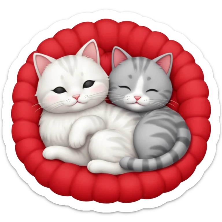 White cat and gray cat sleeping together in a bed full of hearts sticker