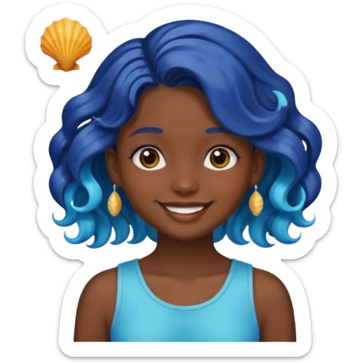 girl's head, dark skin, shiny blue wavy hair, sea shells as hair accessories, emoji style sticker