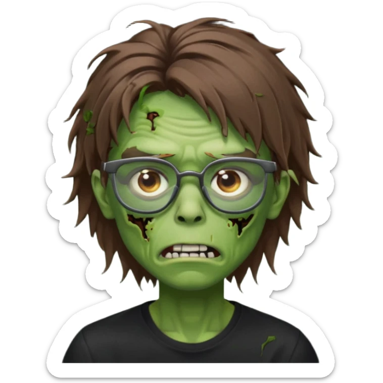 Green zombie, brown messy hair covering the forehead, black glasses, black shirt. iOS style. sticker