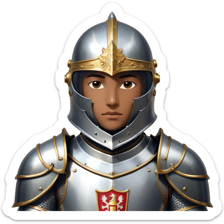 Clash of Clans aesthetic friendly Knight Portrait Emoji, With a noble, armored build featuring a gleaming suit adorned with intricate heraldry and a determined gaze behind a visored helm, his face rendered in a natural skin tone (not yellow), Simplified yet dynamic features, highly detailed, glowing with a cool, steely radiance, high shine, courageous and resolute, stylized with an air of chivalric valor, focused and stalwart, soft glowing outline, capturing the essence of a valiant knight ready to charge into epic quests with honor! sticker