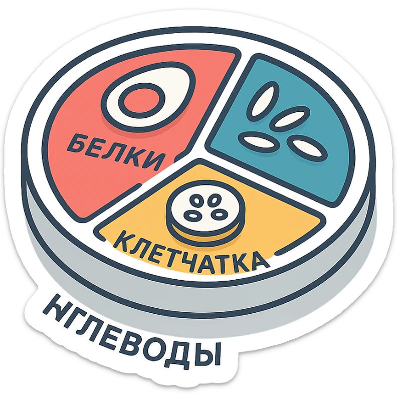 Гарвардская тарелка с тремя секциями, 2d-isometric стиль, с тенями и бликами, без руки, чистый фон. В секции белки — контурное яйцо, в секции углеводы — контурный рис, в секции клетчатка — контурный огурец. Подписи по-русски: белки, углеводы, клетчатка. sticker