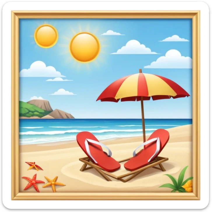 Icon for Beach Tourism: a sandy beach with a sun umbrella and flip-flops, with the ocean landscape in the background. The icon should capture the relaxation and fun of a beach vacation. Transparent background sticker