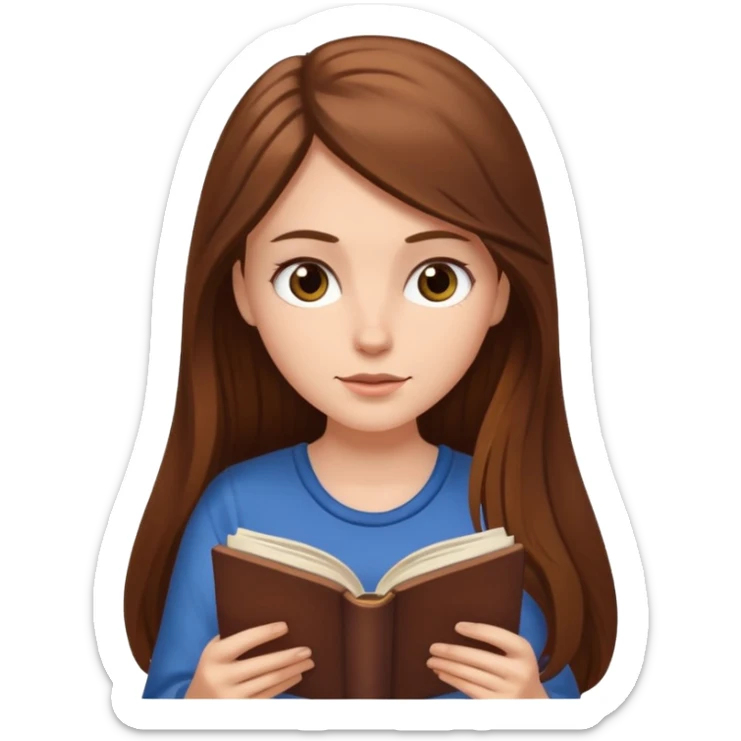 Emoji style white girl with long brown hair reading a book sticker