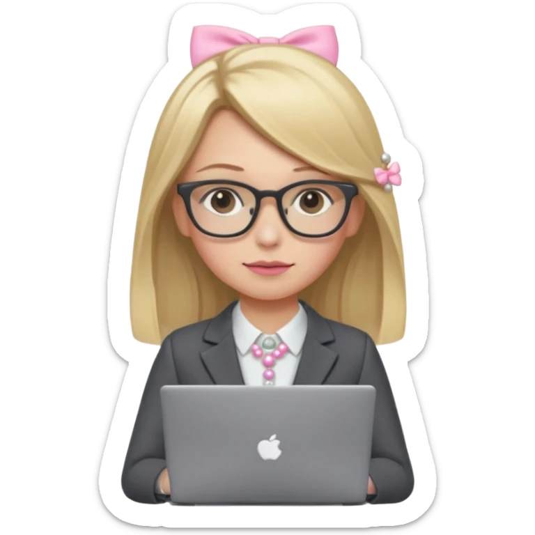 Please take the girl with laptop emoji and make her glassess light brown and her nose a bit smaller and pointier and she has blonde long hair and a dark grey suit and pearls, and has a laptop in fron of her and a tiny pink bow on the left side of her head sticker